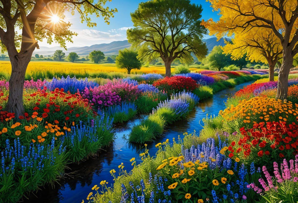 A lush, abundant landscape filled with vibrant, blooming flowers and cheerful, joyful people of diverse backgrounds celebrating life together. Elements of nature like flowing streams, fruit trees, and sunlit fields symbolize prosperity and happiness. A warm, golden sun casts a magical glow over the scene, inspiring a sense of peace and fulfillment. surrealistic, vibrant colors, bright blue sky.