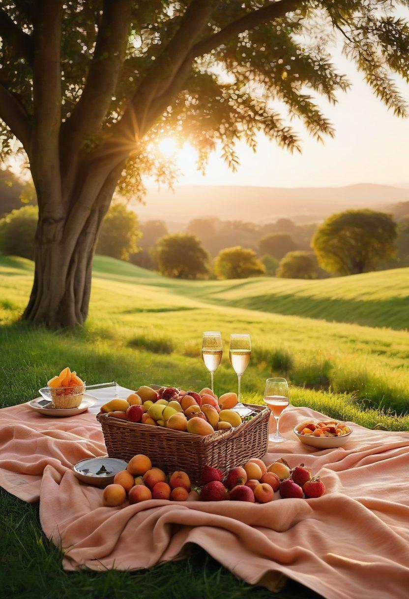 A lavish spread of vibrant fruits, sparkling champagne, and cozy blankets set against a serene sunset over a luxurious landscape. People of diverse backgrounds share laughter and joy, embodying a sense of abundance and contentment. Ethereal light filters through, enhancing the feeling of ecstasy and warmth. super-realistic. vibrant colors. serene background.