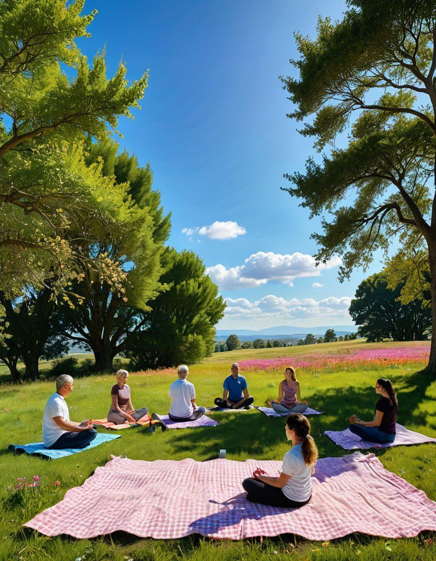 A serene landscape featuring a sunlit meadow with people engaging in joyful activities such as laughter, picnic, and yoga. The scene should include vibrant flowers, a clear blue sky, and gentle hills in the background to evoke a sense of happiness and contentment. Soft, warm lighting enhances the overall cheerful atmosphere. super-realistic. vibrant colors.
